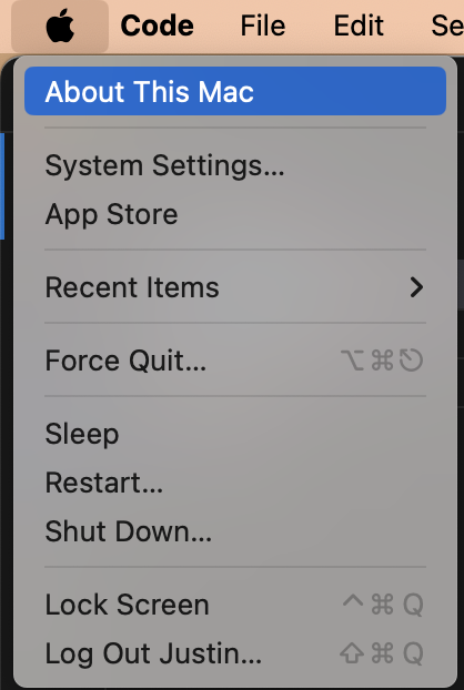 Screenshot showing Apple menu with About This Mac highlighted